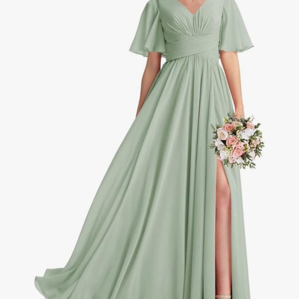 Sage green bridesmaid/prom dress.